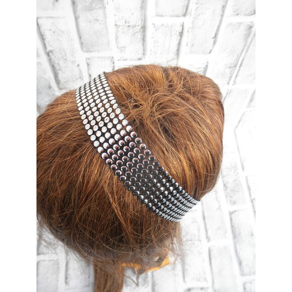 NEW by JUST BASIC, HEADWRAP, HEADBAND BLACK WITH SILVER TONE MULTIPLE ROWS  #2 - Picture 6 of 11